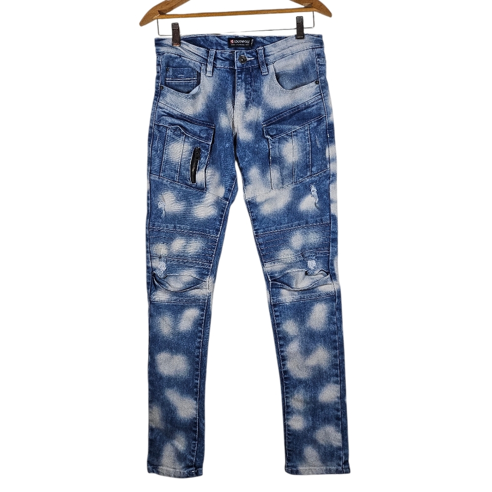 Southpole Men's Skinny Jeans Acid Wash Blue Distressed Cargo Pockets Size 29x30